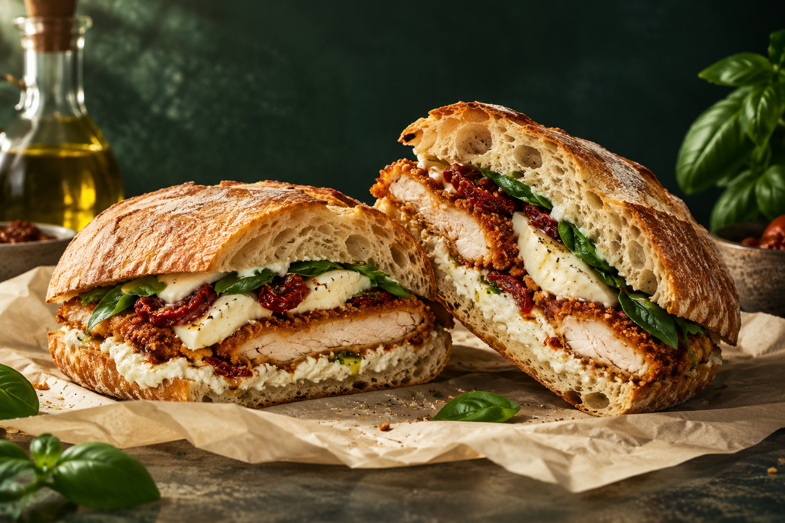 Chicken cutlet sandwich on Tuscan bread