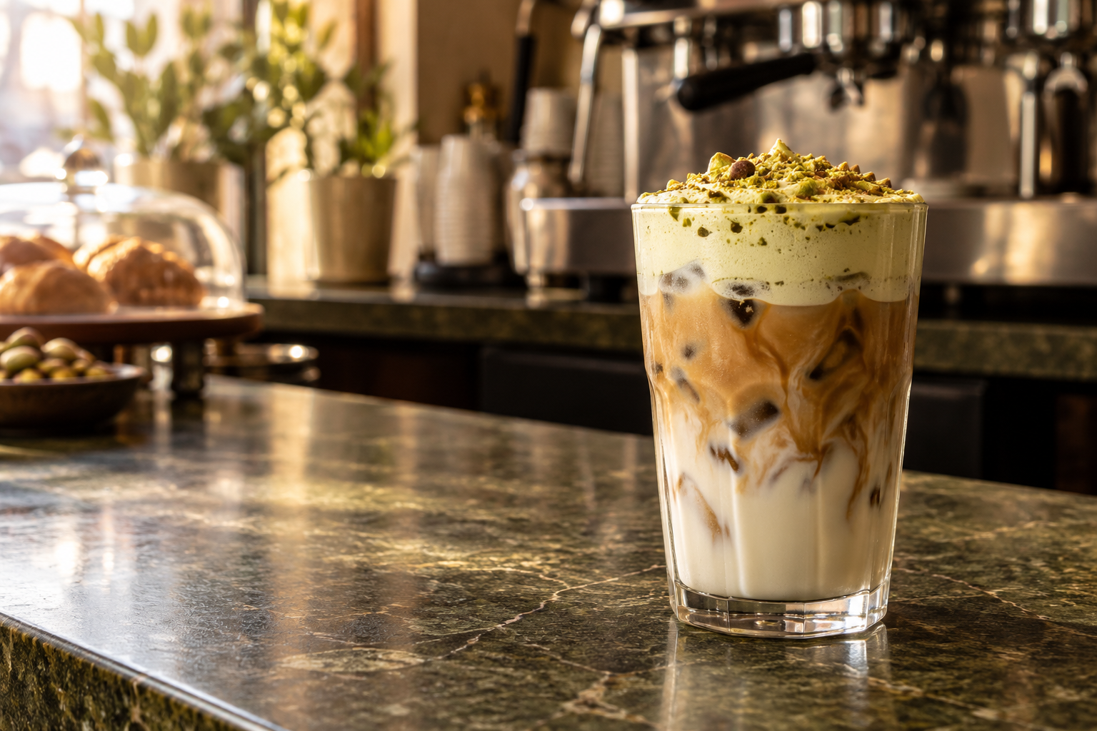 Iced pistachio latte topped with pistachio foam